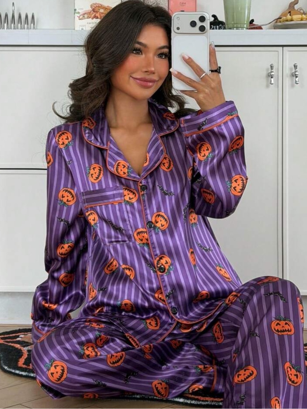 ZzzCrew Halloween Purple Striped Pumpkin Satin Silk Long Sleeve Pajama Set